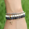 Wholesale New Summer Bracelests 6mm Natural Blue Veins Stone with Clear Zircons Loyal Cross Cz Beads Bracelets Best Gift