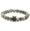 Wholesale 10pcs/lot High Grade Jewelry 8mm Grey Picture Jasper Stone with Micro Inlay Black CZ Beads Crown Mens Bracelets