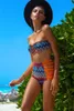 Printed Halter Bikini Wire Free Padded Swimwear High Waist Bandeau Bathing Suit Hollow Out Swimsuit Brazilian Biquini