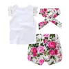 2018 Sommar nyfödd baby flicka kläder blomma spets ärm t-shirt toppar + shorts pants + huvudband 3pcs tjejer outfits set toddler kläder 0-24m