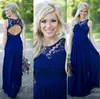 Beautiful Royal Blue Country Bridesmaid Dresses Long Lace Neck Prom Dresses Petite Chiffon 2015 Evening Gown Open Back junior Maid of honor