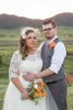 Wiosna Plus Size Suknie Ślubne Linia Długość Herbaty Suknie Ślubne Dekolt Illusion Dekolt Sheer Koronki Pół Rękawy Ogród Plaża Party Wedding