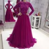 Moda muçulmana laço roxo manga longa vestidos de noite com Hajab alto pescoço frisado Dubai Abaya formal vestidos de festa de baile 2017