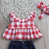 3PCS Toddler Kids Clothes 2017 estate plaid rosso minigonna maglietta Tops + Denim Shorts Bloomers fascia Outfit per bambini