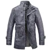 Мужские куртки оптом - Кожаная куртка из искусственной кожи Мужские длинные шерстяные пальто с воротником-стойкой Мотоциклетное пальто Тренч Парка Jaqueta De Couro11
