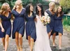 2022 NAVY BLAUWE KNIE -LENGTE LANDBROODSMIDDELEN VAN DE JURKEN V NEK CHIFFON PLUS MIZOGE Korte Mouw Formele bruiloftsavondkleding Maid of Honor Dress