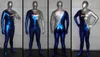 Blauw en zilver glanzend metalen man cosplay kostuum zentai halloween pak