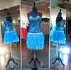 Turquoise Sequin Plume Robe De Bal Courte Sans Bretelles Perlée Dos Nu 2023 Mini Homecoming Cocktail Party Bling Sweet 16 Robes