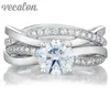 Vecalon 2016 moda Fede nuziale di fidanzamento Set per le donne 1ct Diamante simulato Cz 925 Sterling Silver Anello a fascia femminile R200