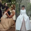 2019 Country Wedding Dresses with Detachable Skrit Bateau Neck A Line Bridal Gowns Long Sleeves White Satin Vintage Wedding Dress