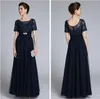 Elegant Mother Of the Bride Groom Dresses Floor-length Short Sleeve A Line Scoop Appliques with Beadings Wedding Party Evening Gowns