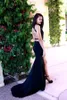 Sexy Fitted Mermaid Evening Dress Black Halter Neck Lace Top Backless Pageant Gowns with High Split and Sweep Train Formal Party Wear