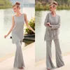 Silver Gray Chiffon Jewel Irregularly Wide Mother Of Bride Pant Suits With Long Sleeve Jacket Plus Size Custom Made EN7276