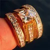 럭셔리 14K 골드 채워진 반지 쥬얼리 스퀘어 토파즈 CZ 시뮬레이션 된 다이아몬드 보석 반지 세트 칵테일 웨딩 밴드 링 여성용 3in1