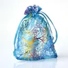 Blue Coralline Organza Drawstring Jewelry Packaging Pouches Party Candy Wedding Favor Gift Bags Design Sheer with Gilding Pattern 10x15cm