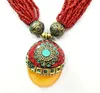 18 '' Ethnic Red Bead Multilayer Naszyjnik Wisiorek Tybetański Silver Amber Oyzz-0013