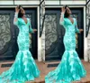 2017 Tanie Syrenki Prom Dresses V Neck Długie Rękawy Aplikacje Koronki Satynowe Custom Made Mint Green Plus Size Africal Suknie wieczorowe