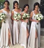 2017 White New Long Bridesmaid Dresses Scoop With Lace Applique Prom Dresses Back Zipper Front Split Custom Made Floor-Length Wed Guest Gown