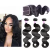  Brazilian Straight Human Hair Weaves Extensions 4 Bundles with Closure Free Middle 3 Part Double Weft Dyeable Bleachable 100g/pc