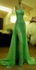 2019 Emerald Green Evening Dresses High Collar with Crystal Diamond Arabic Evening Party Gowns Long Side Slit Dubai Prom Dresses Made China