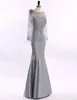 New Silver Jewel Mermaid Mum Dress For Mother of Groom Princess Floor-length Long Sleeve Lace and Satin Mother of the Bride Dress