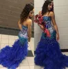 Dziewczyny Korowody Suknie Dla Nastolatki Eksponowane Boning Crystal Frezowanie Królewska Blue Mermaid Prom Dress Ruffles Zipper Back Mermaid Suknie Wieczorowe