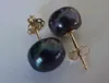 stunning A pair of natural 11-12mm tahitian black pearl earring 14K