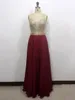 Sexy Burgundy Prom Dresses 2023 Chiffon Lace Scoop Neck A-line Floor-Length Illusion Back Beaded Covered Buttons Evening Gowns Real Picture