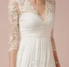 3/4 Long Sleeve Short Beach Lace Wedding Dresses With V-Neck Ruffles Knee Length Empire Backless Chiffon Summer Bridal Gowns New Fashion