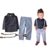 Latest design summer baby boys outfits long sleeve shirt+suspender jeans 2pcs boy's suit kids formal gentle suit boy denim clothing set