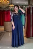 Dark Navy Plus Size Lace Evening Dresses With Half Sleeves Sheer Bateau Neck A Line Beaded Prom Gowns Floor Length Chiffon Formal Dress 407