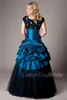 Royal Blue Black Long Ball Gown Modest Prom Klänningar med Cap Sleeves Vintage Kortärmad Taffeta Seniorer Puffy Prom Party Dresses