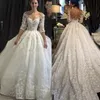 Luxuriöses Ballkleid-Hochzeitskleid mit 3D-Blumen, Spitze, Brautkleider mit Ärmeln, durchsichtiger Ausschnitt, glitzernde Brautkleider in Übergröße