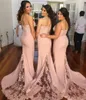 Dusty roze spaghetti bruidsmeisje jurken voor bruiloft 2016 kant top zeemeermin sweep trein formele feestjurken voor vrouwen op maat gemaakt
