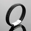 Brand New Black Genuine Leather 12mm Silver Tone Stainless Steel Vogue Mens Jewelry Bangle Bracciale a scatto magnetico