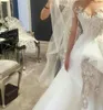 Zuhair Murad Syrenki Suknie Ślubne Ilusion Lace Krótkie Rękawy Arabskie Suknie Ślubne z Sheer Crew Neck Peplum Organza Sukienki