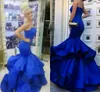 Royal Blue Mermaid Prom Dresses Sweetheart Spaghetti Bandjes Tiered Rok Satijnen Mermaid Avondjurken Formele Jurken