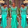 Aso Ebi Verde Mangas Compridas Vestidos de Noite Sheer Neck Lace Apliques Beads Sereia Vestido de Baile Africano Plus Size Vestido de Festa Formal Vestidos