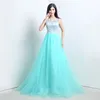 2021新しいストックセクシーな長いAラインミントグリーンレースのイブニングドレスAppleques Tule Loor-Length Prom Party Gowns