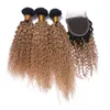 Brezilyalı 9A Ombre Rengi Kinky Kıvırcık Saç Paketler ile Dantel Kapatma 2 Ton 1B 27 Saç Üst Kapatma 4pcs / Lot ile örgüleri
