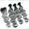 Fasci di capelli umani Ombre brasiliani 1B / grigio con chiusura in pizzo grigio argento Tessuto per capelli colorati bicolore con chiusura corpo ondulato 4 pezzi / lotto