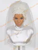 2016 Islamic Bridal Veils with Crystals Details and Cut Edge Real Photos Appliques Tulle Fashion Wedding Hijab for Arabic Women