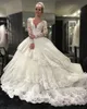 Amazing Lace Applique Layers Wedding Dresses 2017 Long Sleeves Open Back Tulle Sweep Train Bridal Gowns Custom Made Wedding Dresses