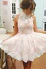 핑크 레이스 짧은 칵테일 드레스 2016-2017 높은 목 민소매 아플리케 레이스 새틴 오픈 짧은 댄스 파티 드레스 홈 커밍 드레스