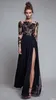 Elegant Black Lace Applique Evening Dresses With Illusion Long Sleeve 2017 Chiffon Floor Length Side Split Prom Dresses Formal Party Dresse