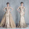 Tony Chaaya 2021 Evening Dresses With Detachable Train Champagne Beads Mermaid Prom Gowns Lace Applique Luxury Party Dress robes de soirée