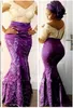 Aso Ebi Style Plus Size Prom Dresses 2017 V Neck Lace Illusion Long Sleeve Mermaid Evening Gowns Purple Satin Formal Party Dresses