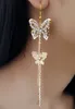Musujące posrebrzane biżuteria panna młoda Diamentowe Motyl Kolczyki Crystal Double Butterfly Długi Tassel Kolczyk Dla Kobiet Party Ucha Biżuteria