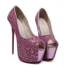 16cm Glitter lentejuelas peep toe plataforma mujeres tacones altos zapatos de boda señoras bombas tamaño 34 a 40