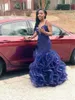 Burgundy Royal Blue Sexy Mermaid Prom Dress Long V Neck Spaghetti Lace Tulle Green Backless Evening Gowns Dresses with Ruffles Skirts